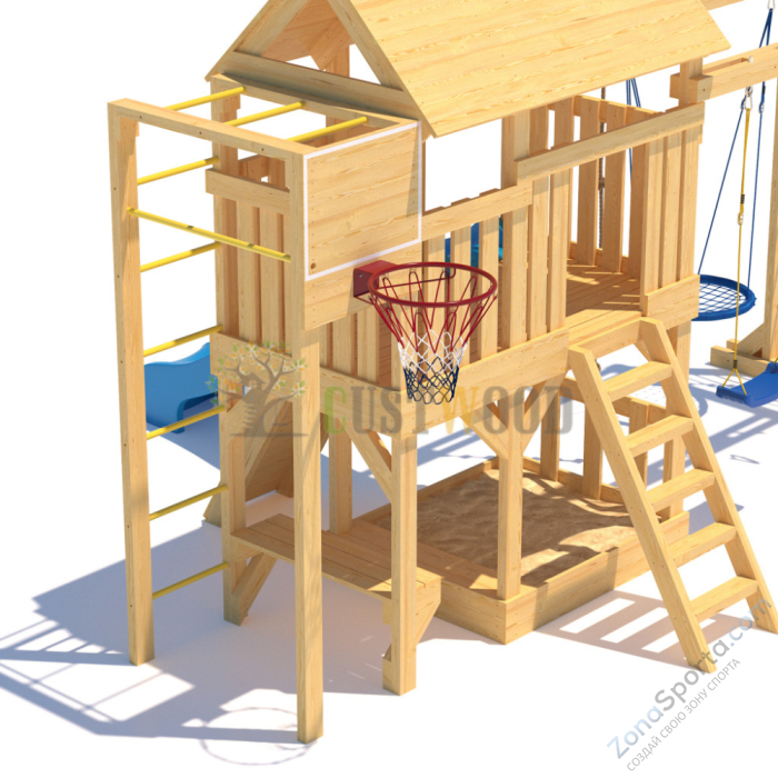 Детская деревянная игровая площадка для улицы дачи CustWood Scout S10 с большой деревянной крышей