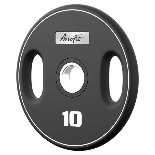 Олимпийский полиуретановый диск AeroFit 10 кг, черный, с 2-мя хватами